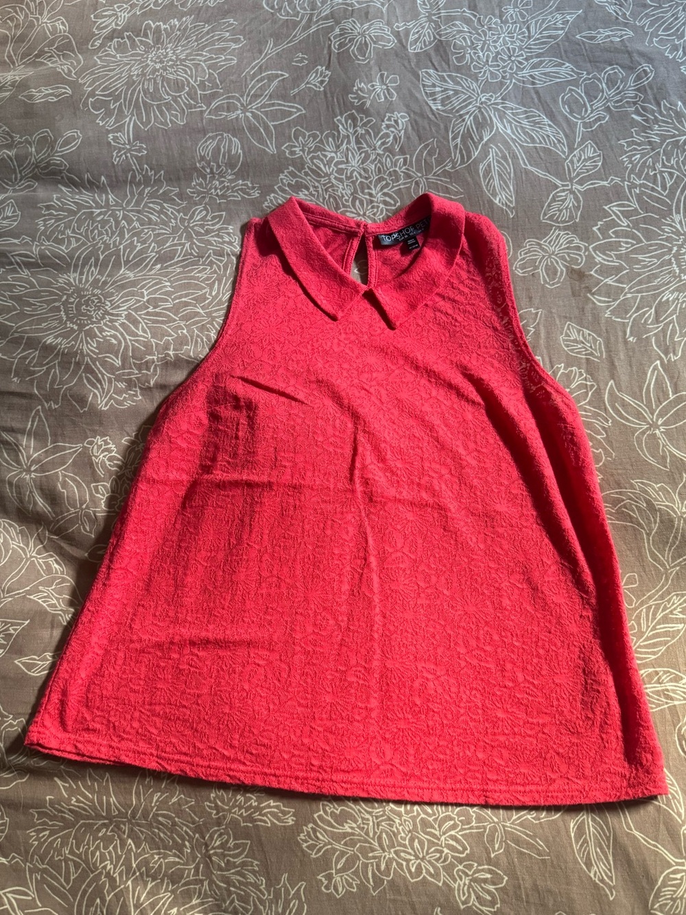 Topshop Coral-Red Sleeveless Textured Tank with Peter Pan Collar Size 4 Petite